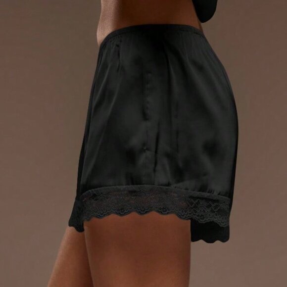 Black Casual Women's Elasticated Satin Shorts with Lace Trim - Picture 4 of 5